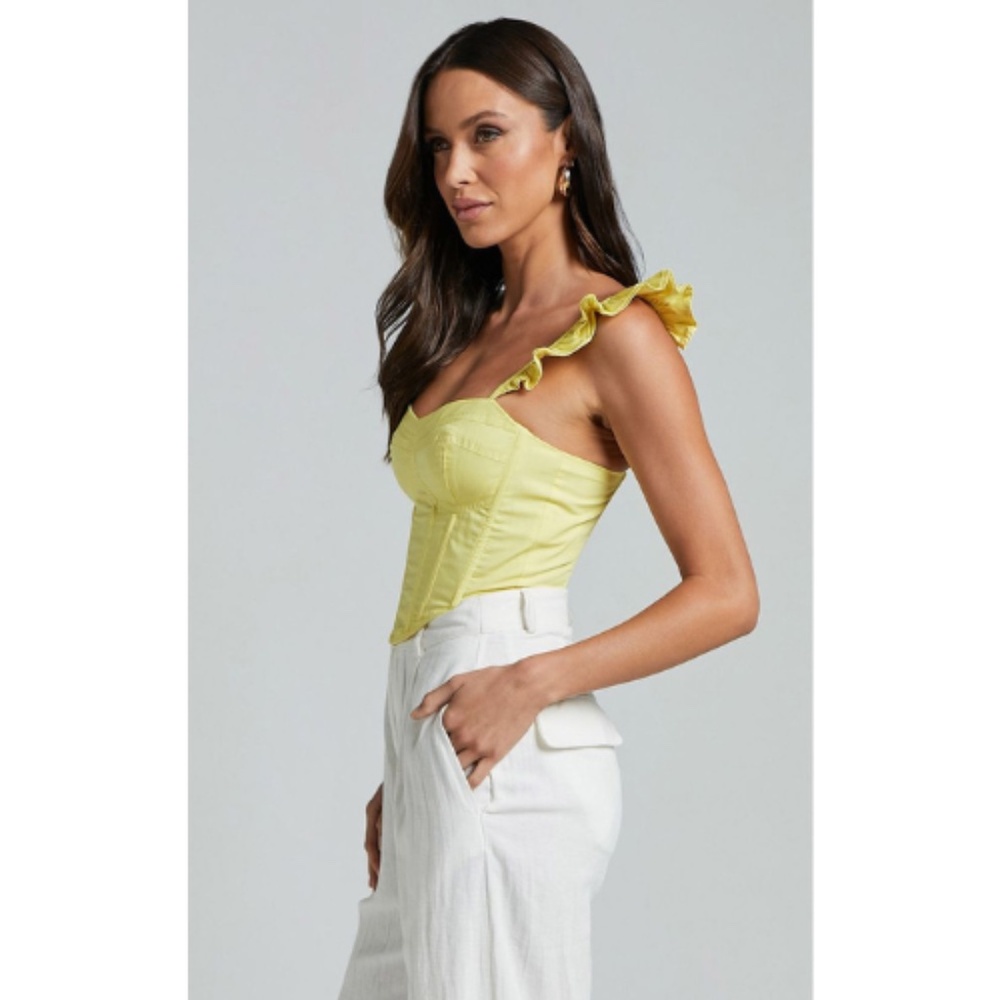 Showpo. Braylen Sweetheart Flutter Sleeve Corset Top in Sun Yellow - Picture 2 of 11